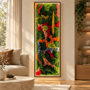 Tablou vertical Sinapse cu mușchi, licheni multicolori și plante stabilizate, ramă neagră și iluminare LED, pe fundal alb.