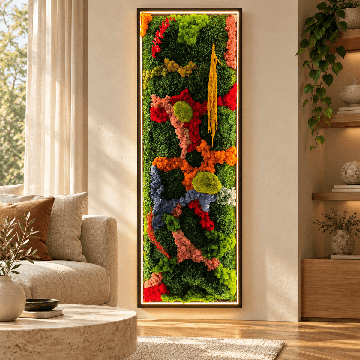 Tablou vertical Sinapse cu mușchi, licheni multicolori și plante stabilizate, ramă neagră și iluminare LED, pe fundal alb.