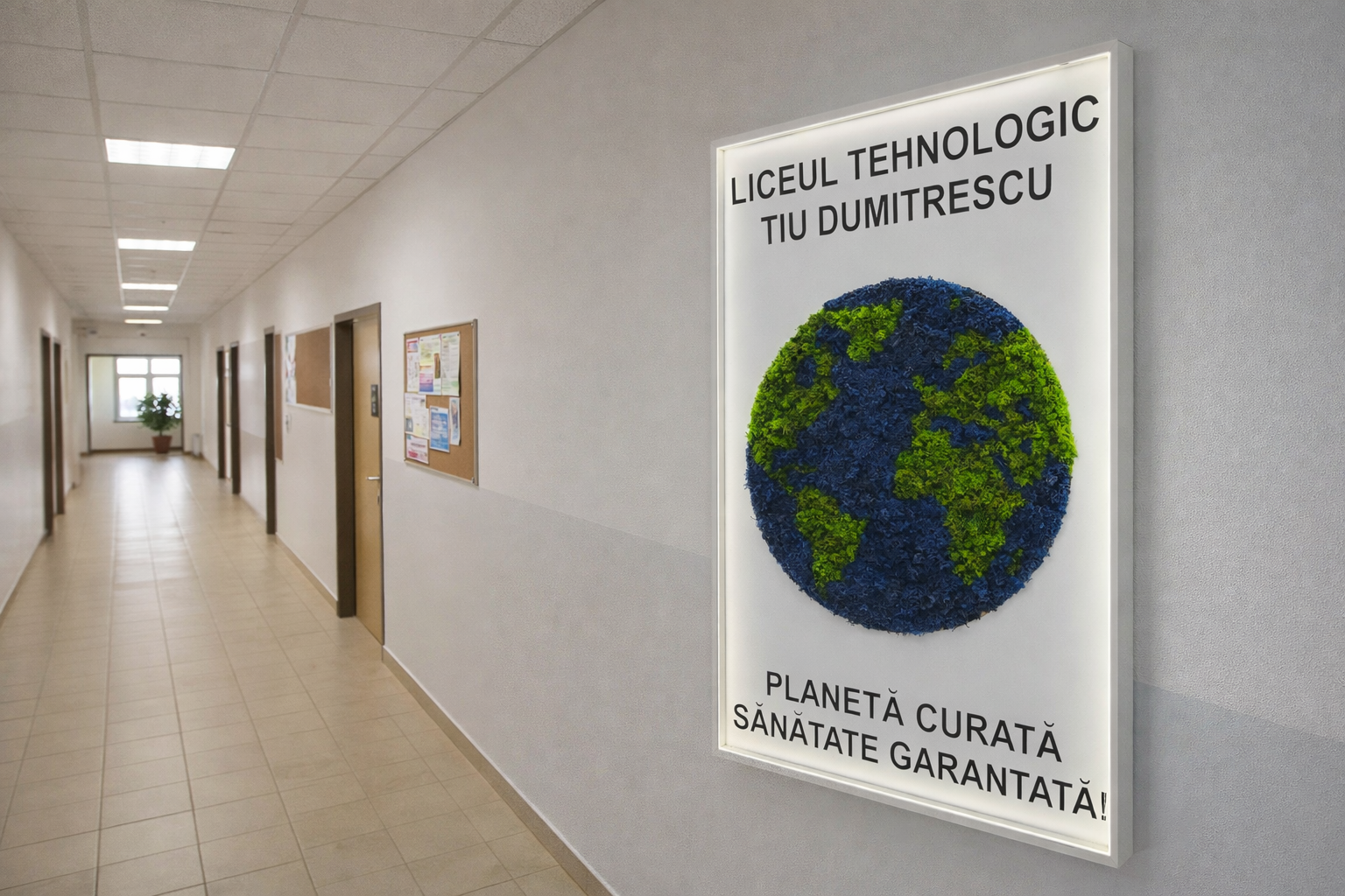 Tablou decorativ cu licheni stabilizați reprezentând planeta Pământ, iluminat LED montat in scoala 