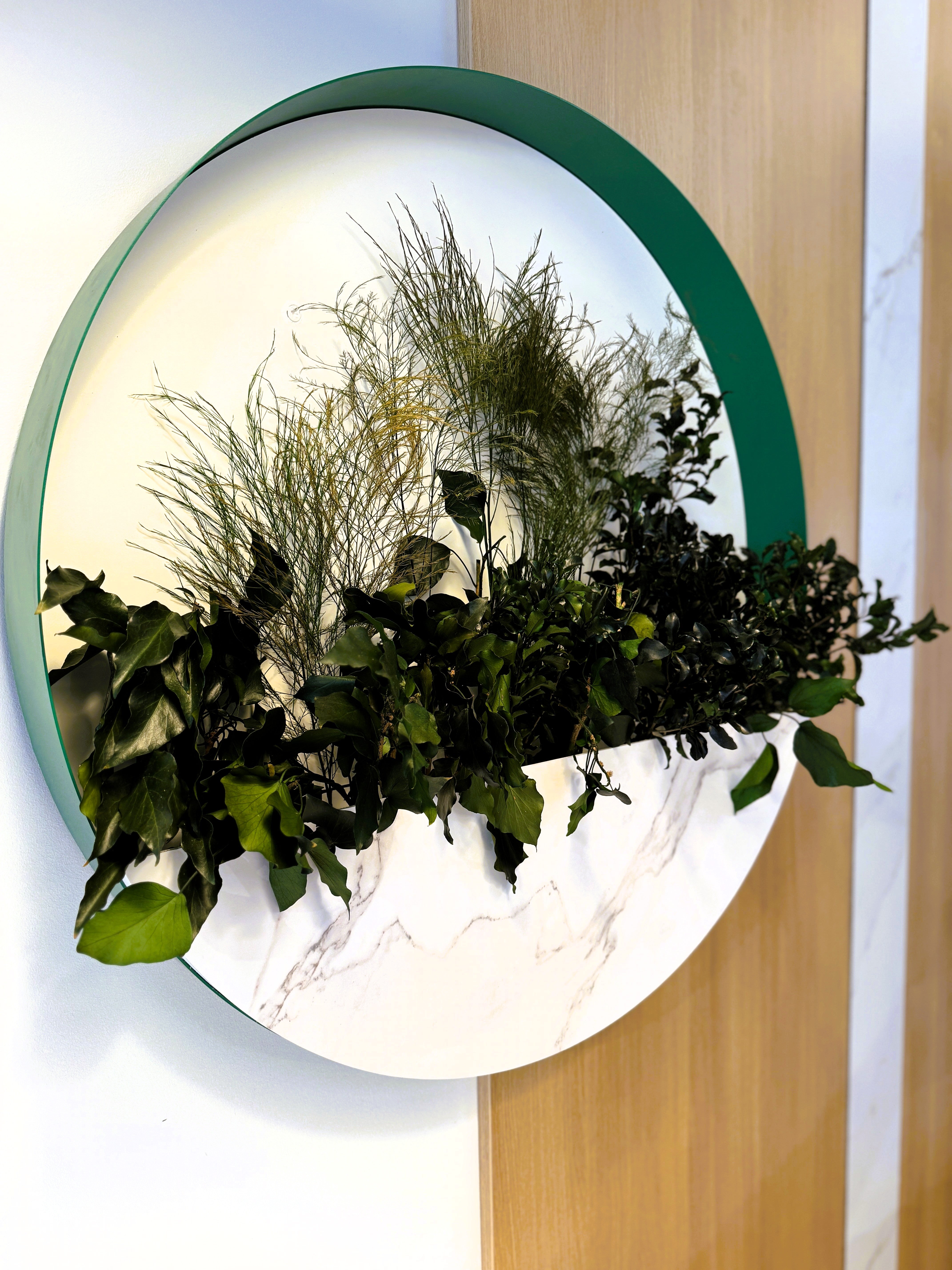 Decor de perete rotund cu plante stabilizate și finisaj marmură albă