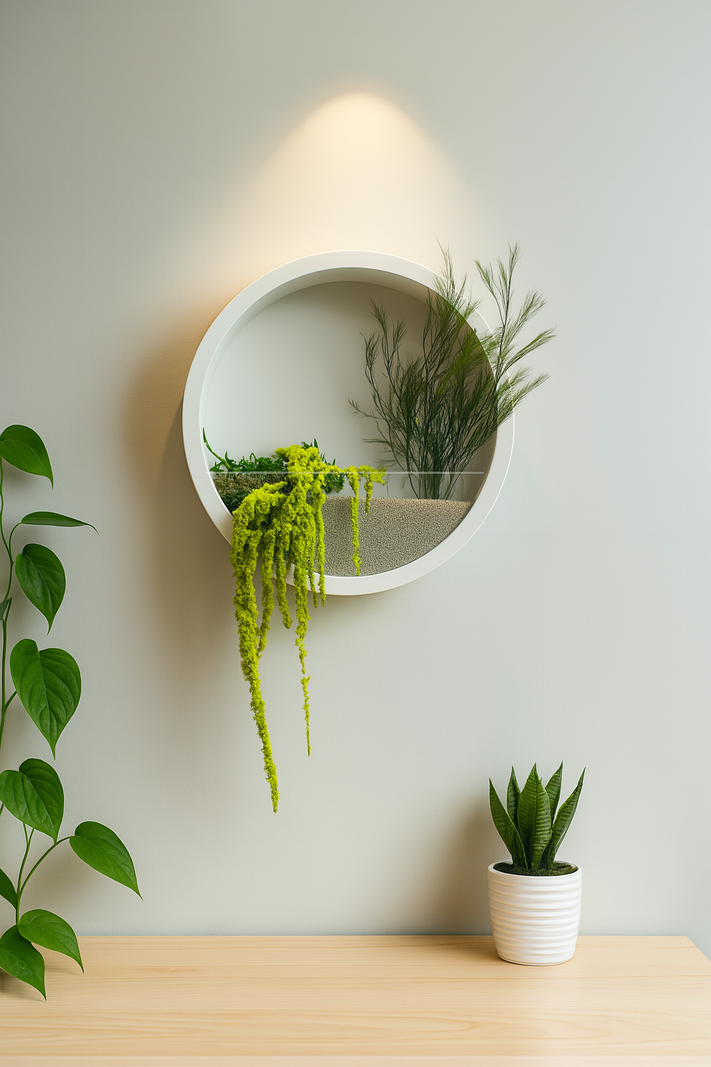 Jardinieră de perete, rotundă, cu plante stabilizate – adaugă un accent verde, modern și fără întreținere în orice încăpere.

