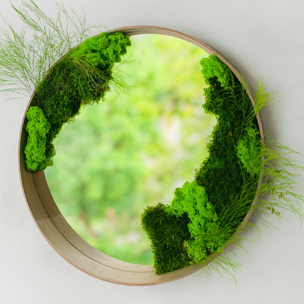 Oglindă rotundă cu mușchi stabilizați și ramă din lemn natural – un accent natural, modern și elegant pentru orice încăpere.

