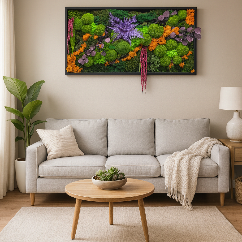 Tablou cu licheni și plante stabilizate 120×60 cm, ramă neagră, compoziție multicoloră cu verde, portocaliu și mov.