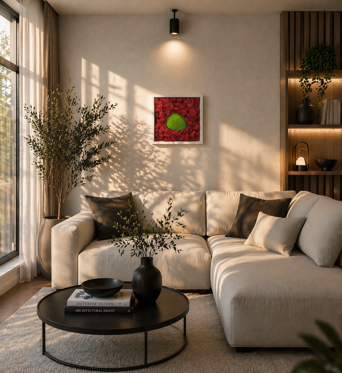 Tablou decorativ cu licheni stabilizati rosu si verde, 30x30 cm, montat pe perete intr-un living modern deasupra canapelei