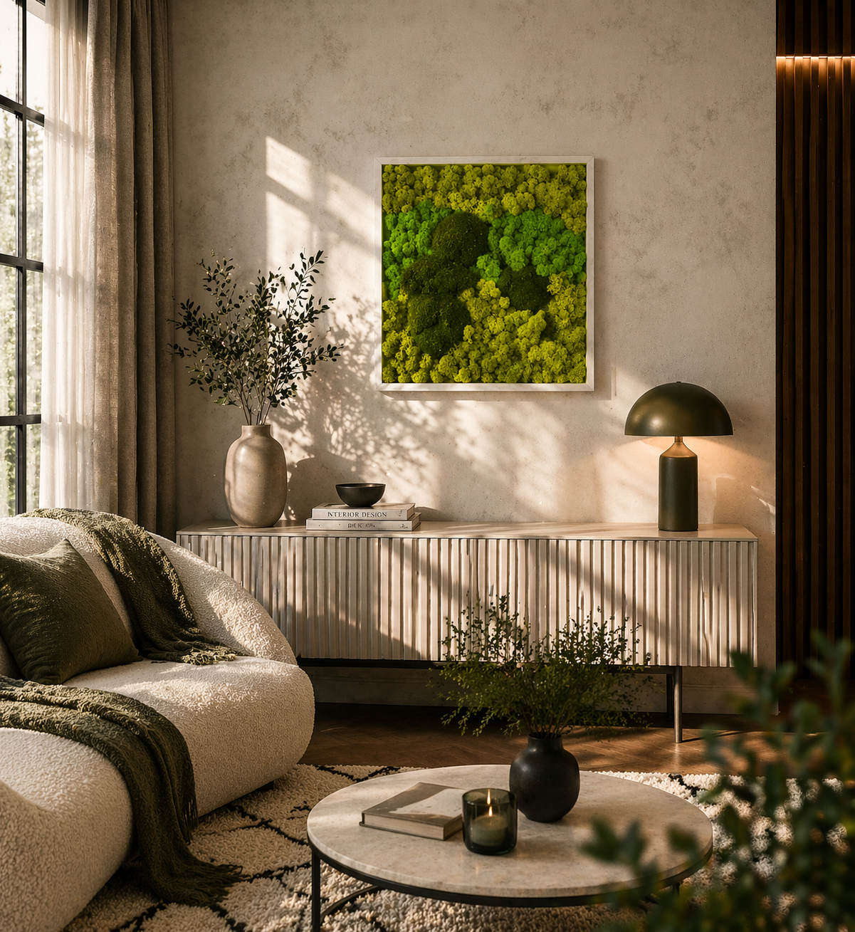 Tablou decorativ 50x50 cm cu licheni stabilizati in nuante de verde si galben, montat intr-un living modern cu accente naturale