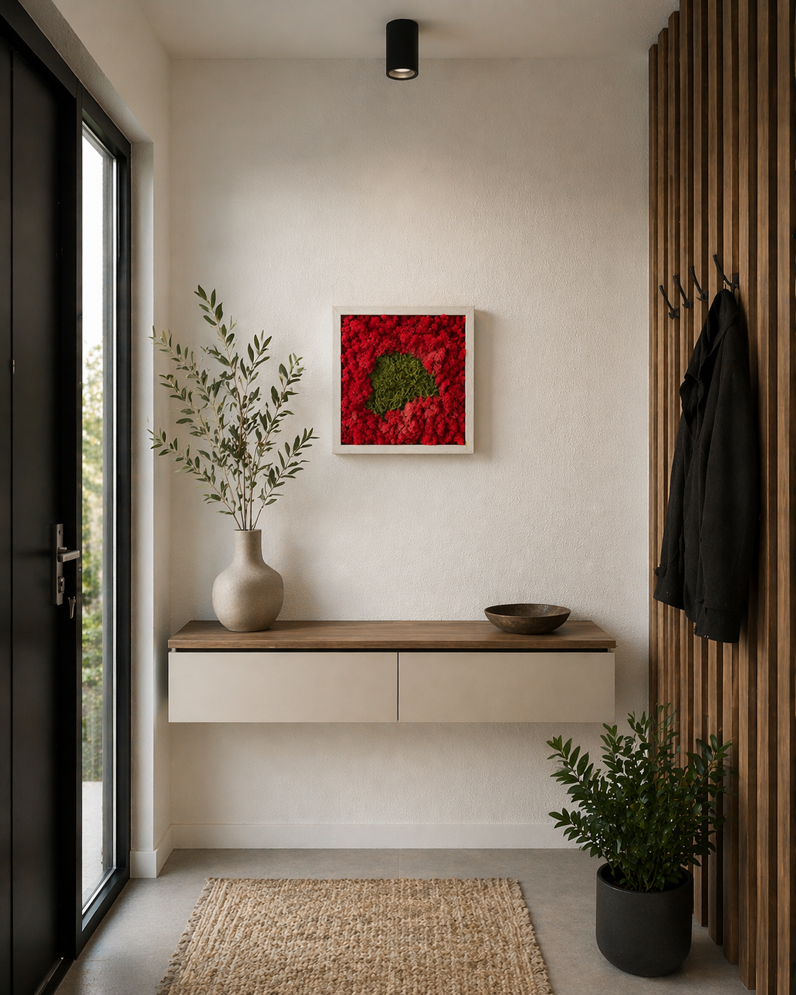 Tablou decorativ cu licheni stabilizați roșii și mușchi verde, format 30x30 cm, montat pe perete într-un hol modern la intrare