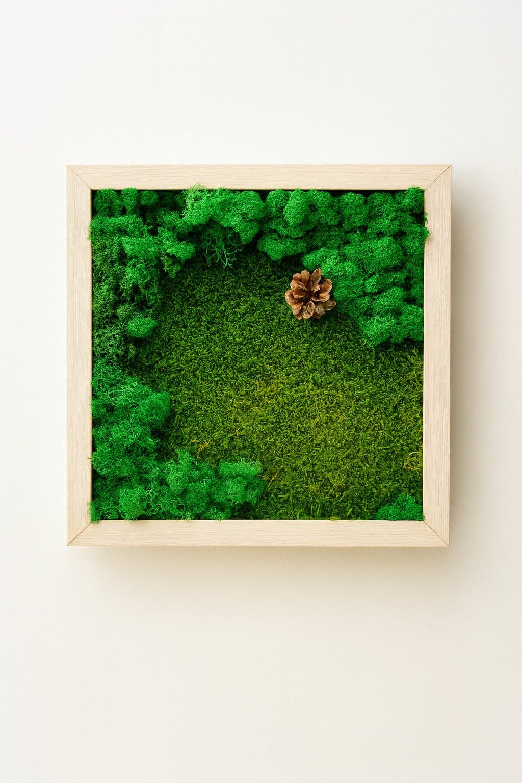 Tablou din muschi si licheni stabilizati verde, cu rama alba natur, dimensiune 30x30 ideal pentru orice amenajare interioara