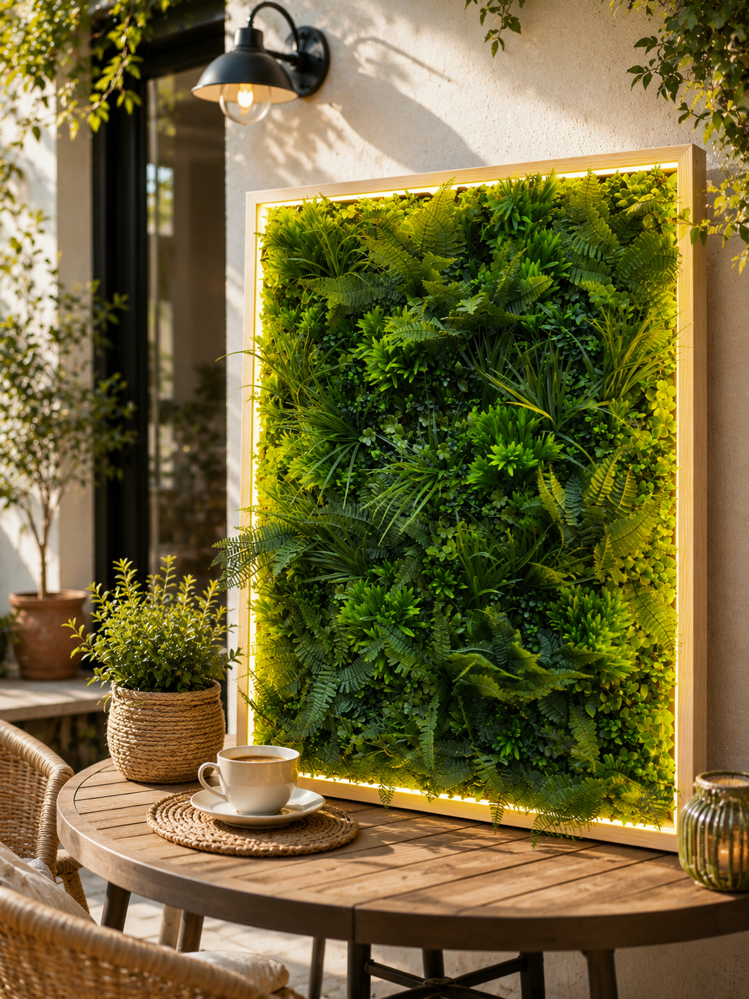 Tablou cu Plante Artificiale Premium 100×100 cm – LED Integrat, Ramă din Lemn Natur