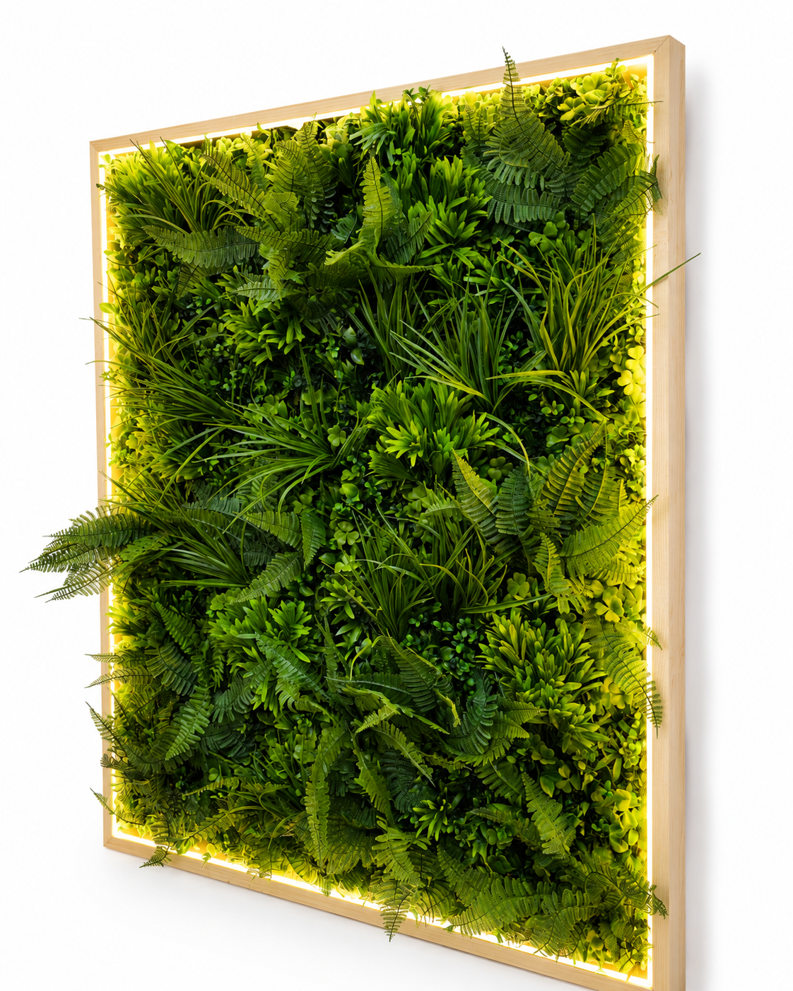 Tablou cu Plante Artificiale Premium 100×100 cm – LED Integrat, Ramă din Lemn Natur