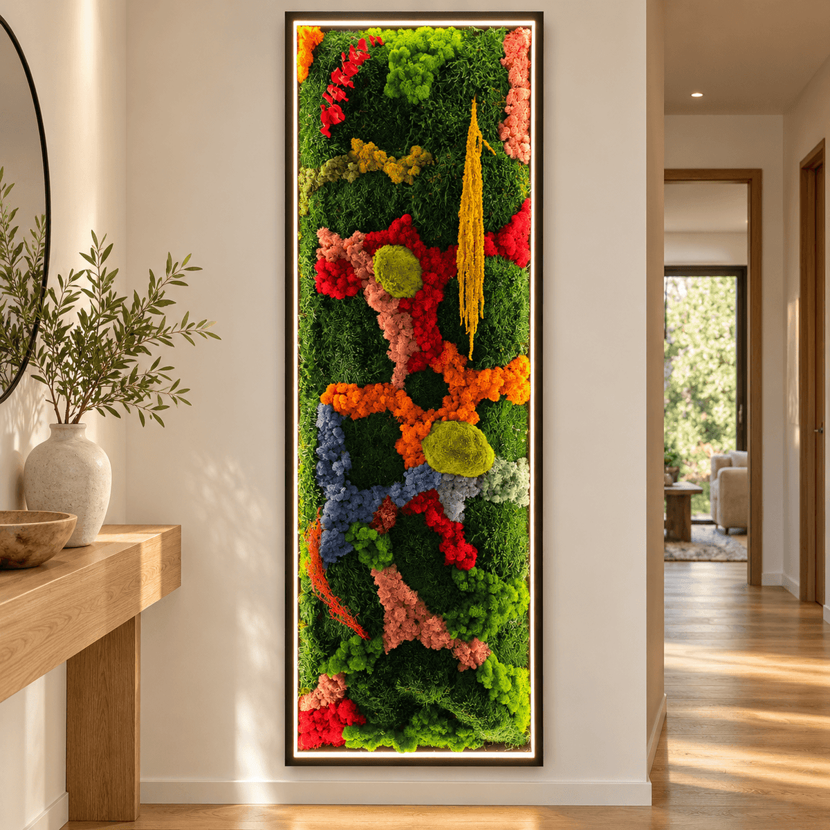 Simulare tablou vertical Sinapse cu mușchi și licheni multicolori, iluminat LED, montat într-un hol modern.

Text ALT – im