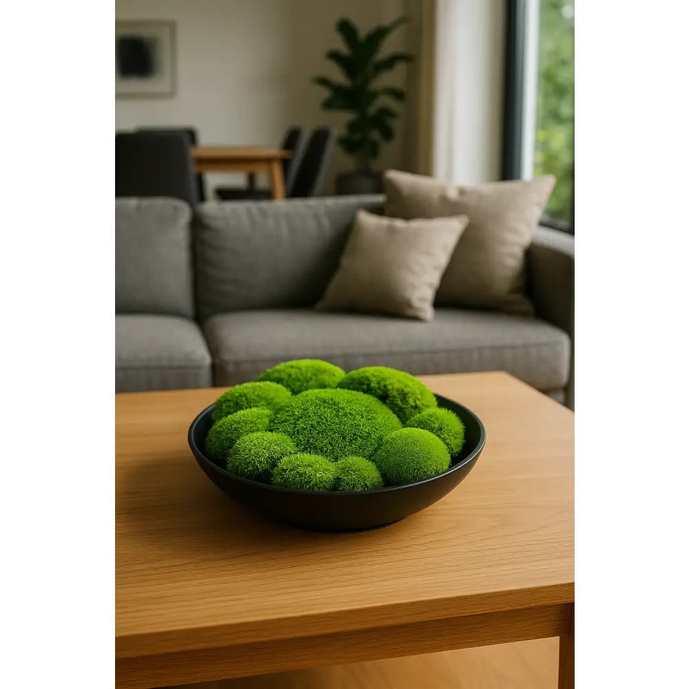 Decor elegant de masă cu mușchi stabilizat verde pe suport ceramic negru, ideal pentru casă sau birou, fără întreținere.