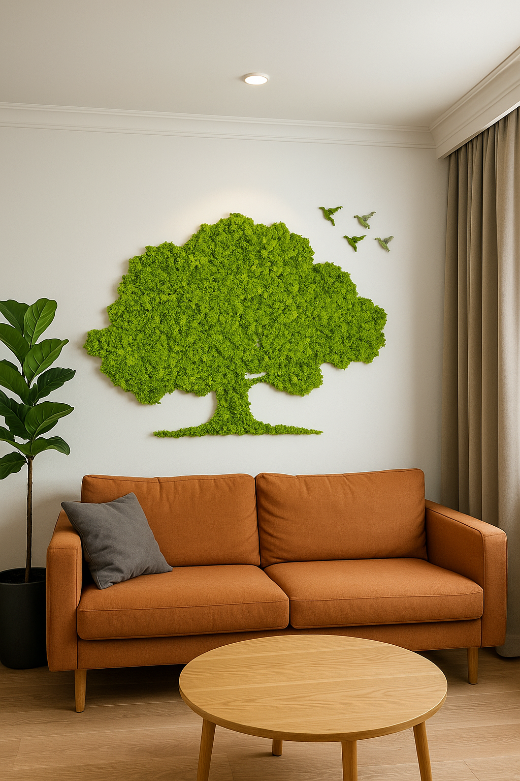 Tablou decorativ din licheni stabilizați, design copac cu păsări. Fără întreținere, durabil, ideal pentru livinguri moderne și spații premium.