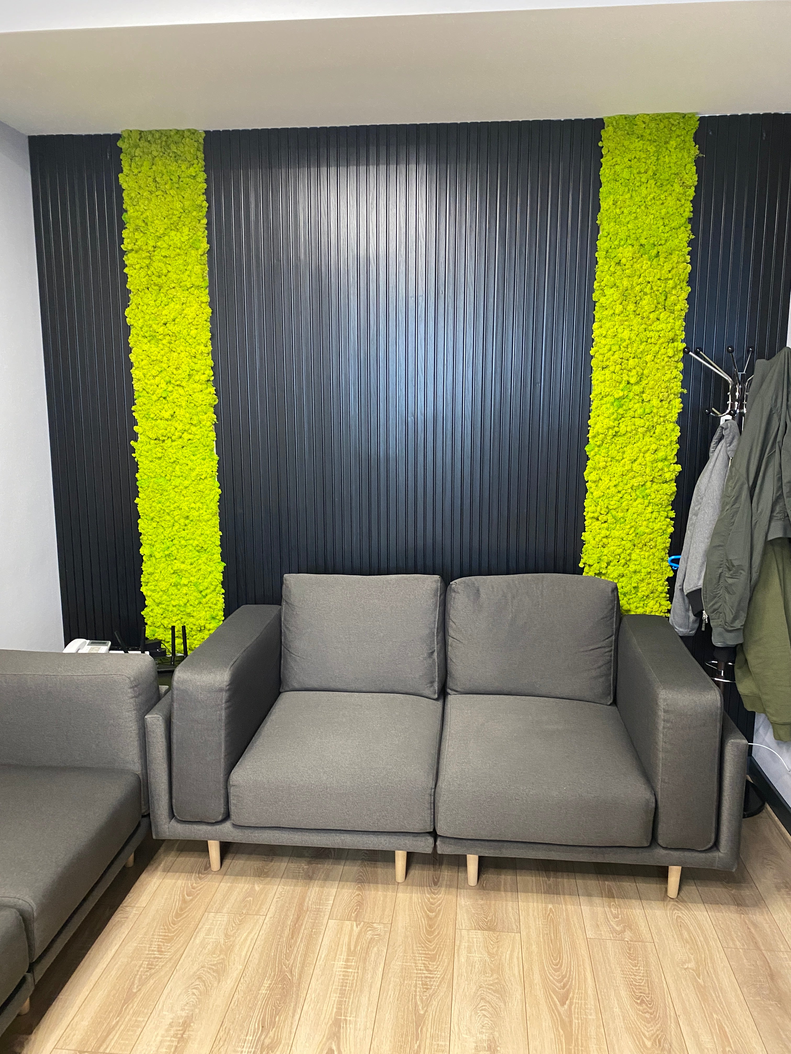 Decor modern cu benzi verticale din licheni stabilizați și riflaj în nuanțe închise, montat într-un living.

