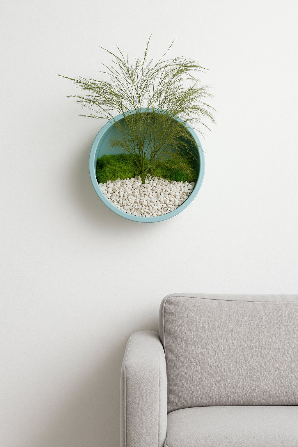 „Decor rotund de perete, ramă albastră, 18 cm, cu licheni și plante stabilizate, fără întreținere