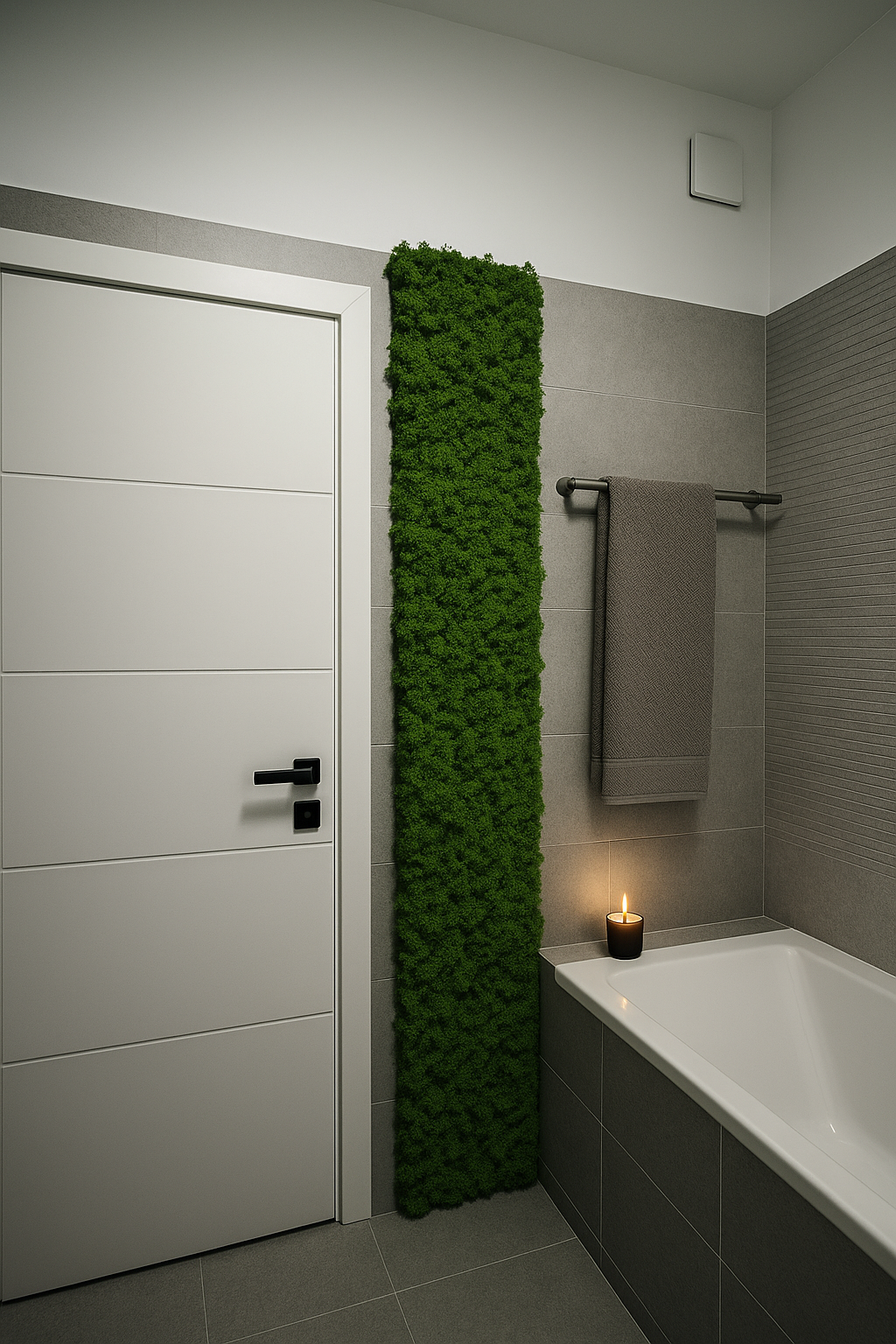 Fâșie decorativă verticală din licheni stabilizați naturali, montată într-o baie modernă