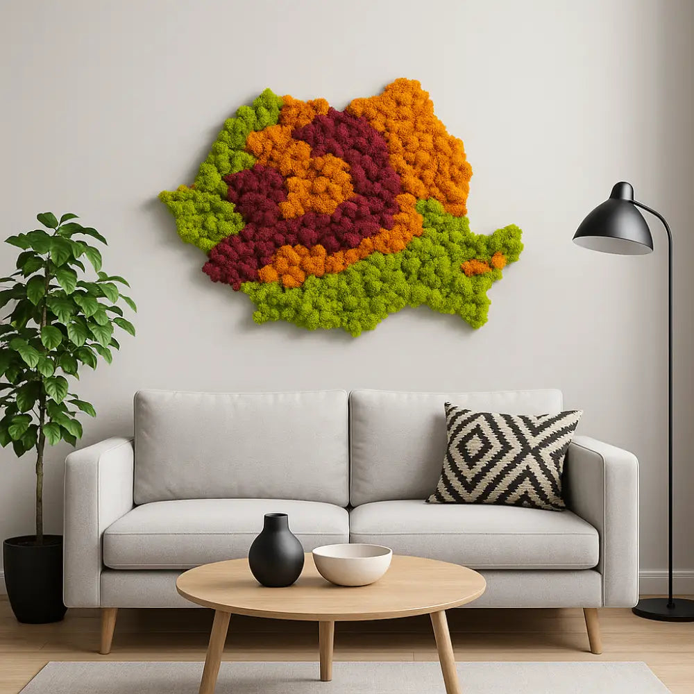 Hartă decorativă a României realizată din licheni stabilizați în culori vibrante – verde, portocaliu și burgundy.
