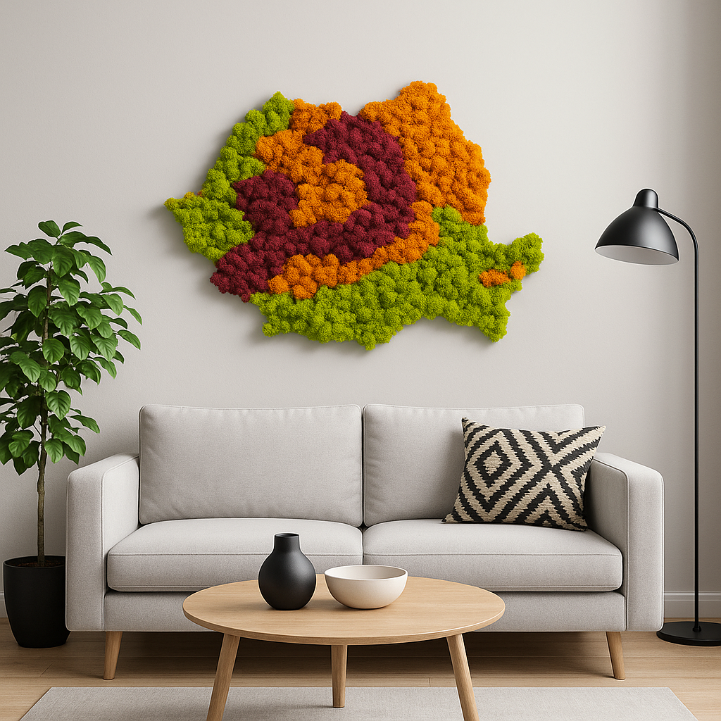 Hartă decorativă a României realizată din licheni stabilizați în culori vibrante – verde, portocaliu și burgundy.
