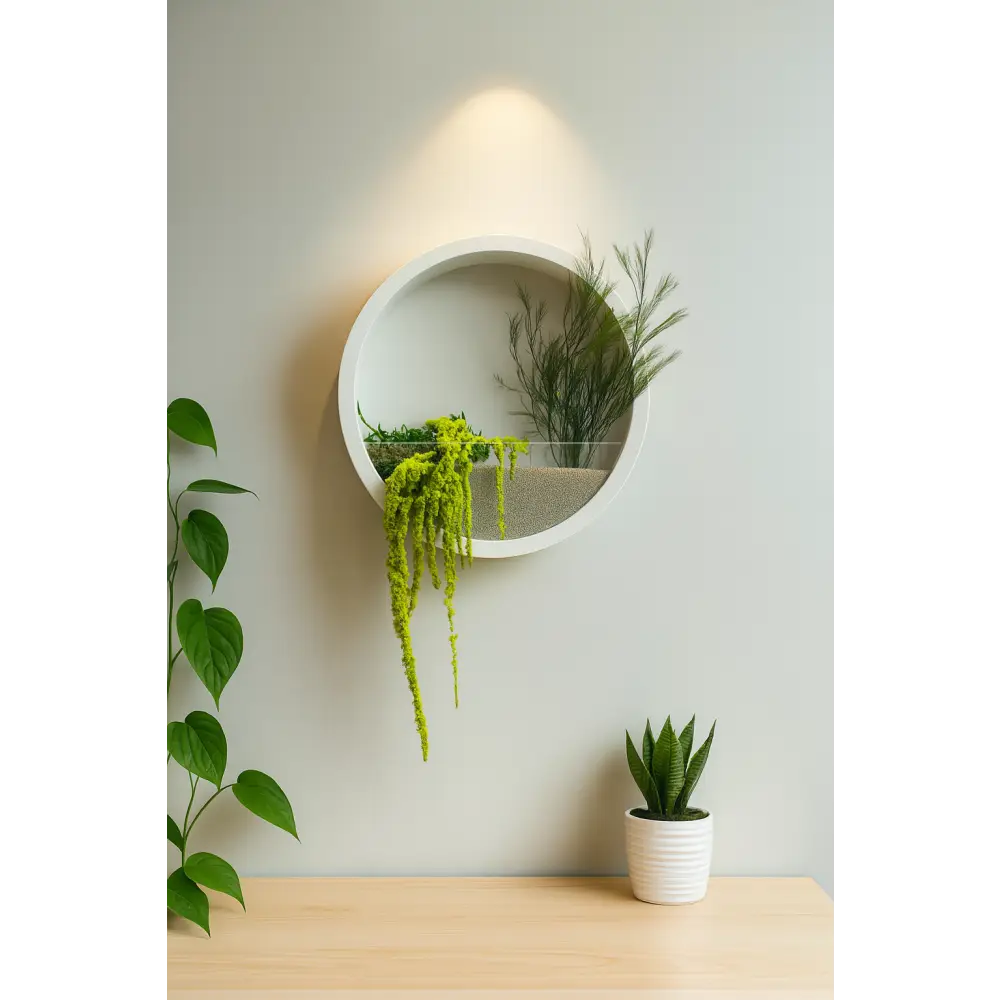 Jardinieră de perete, rotundă, cu plante stabilizate – adaugă un accent verde, modern și fără întreținere în orice încăpere.

