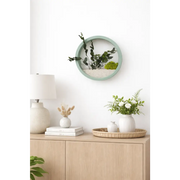Decorațiune de perete rotundă albastru deschis cu plante stabilizate și licheni, integrată într-un design modern de interior, montată pe perete alb