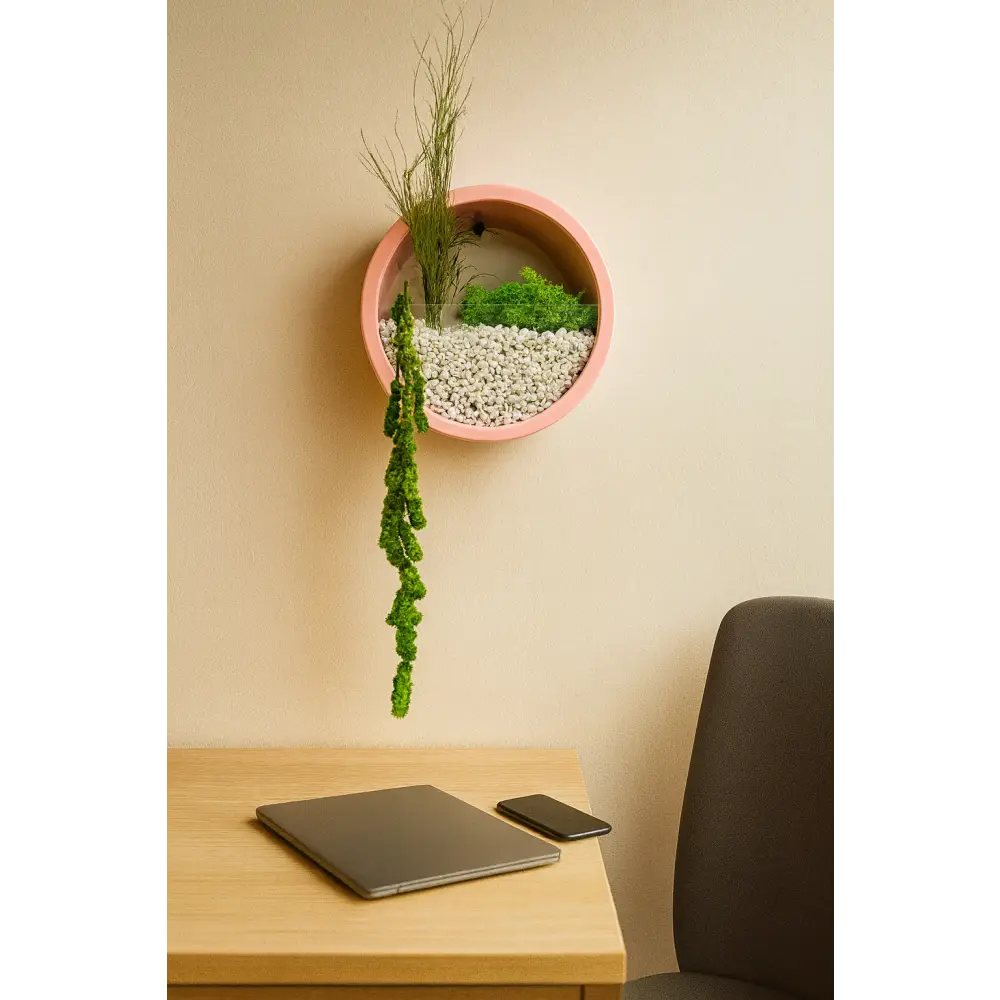 Tablou decorativ rotund de 18 cm cu licheni și plante stabilizate, fără apă și fără soare, ideal pentru casă sau birou
