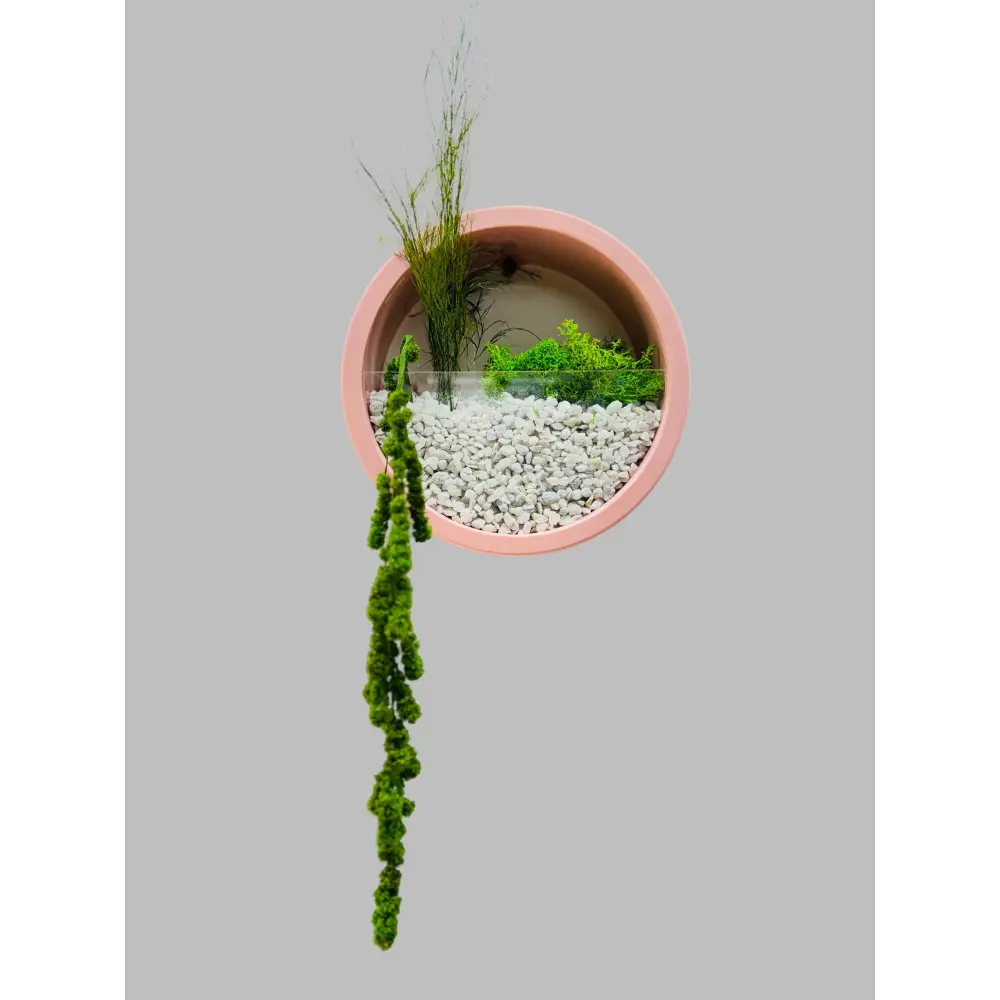 Decor de perete rotund, diametru 18 cm, realizat din pietriș, licheni și plante stabilizate, fără întreținere