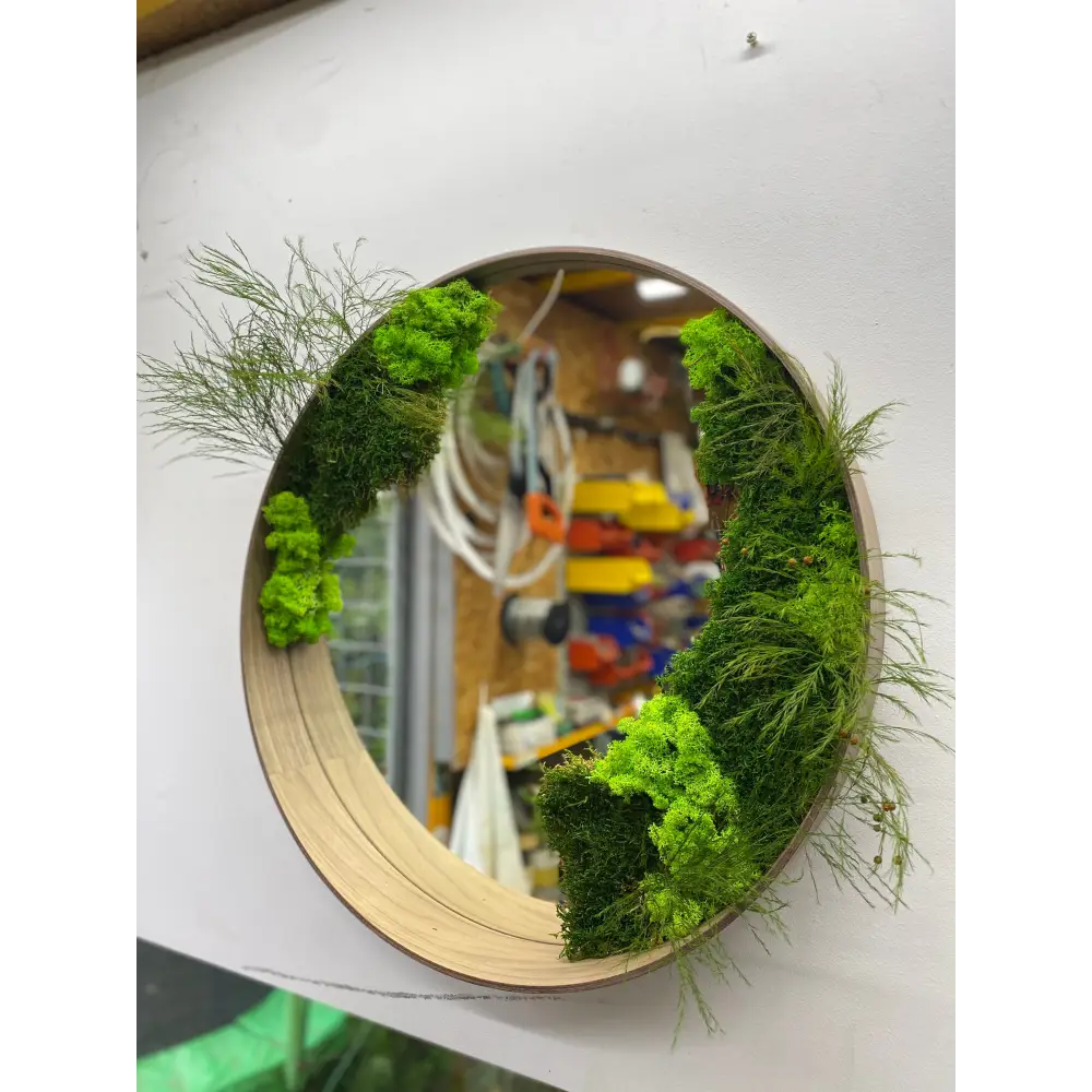 Vedere laterala Oglindă rotundă cu mușchi stabilizați și ramă din lemn natural.

