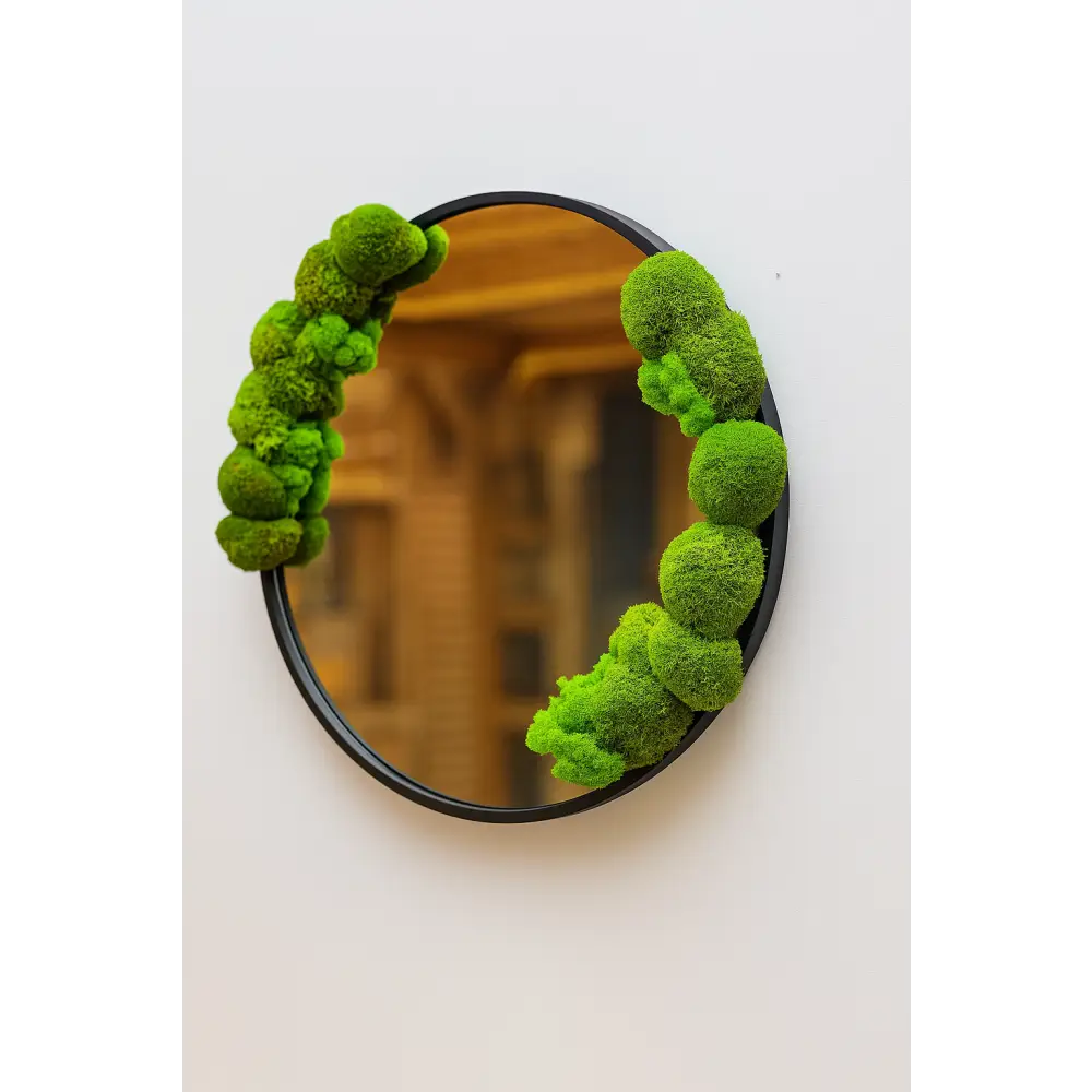 Oglindă rotundă cu ramă neagră și mușchi decorativi Ø 50 cm