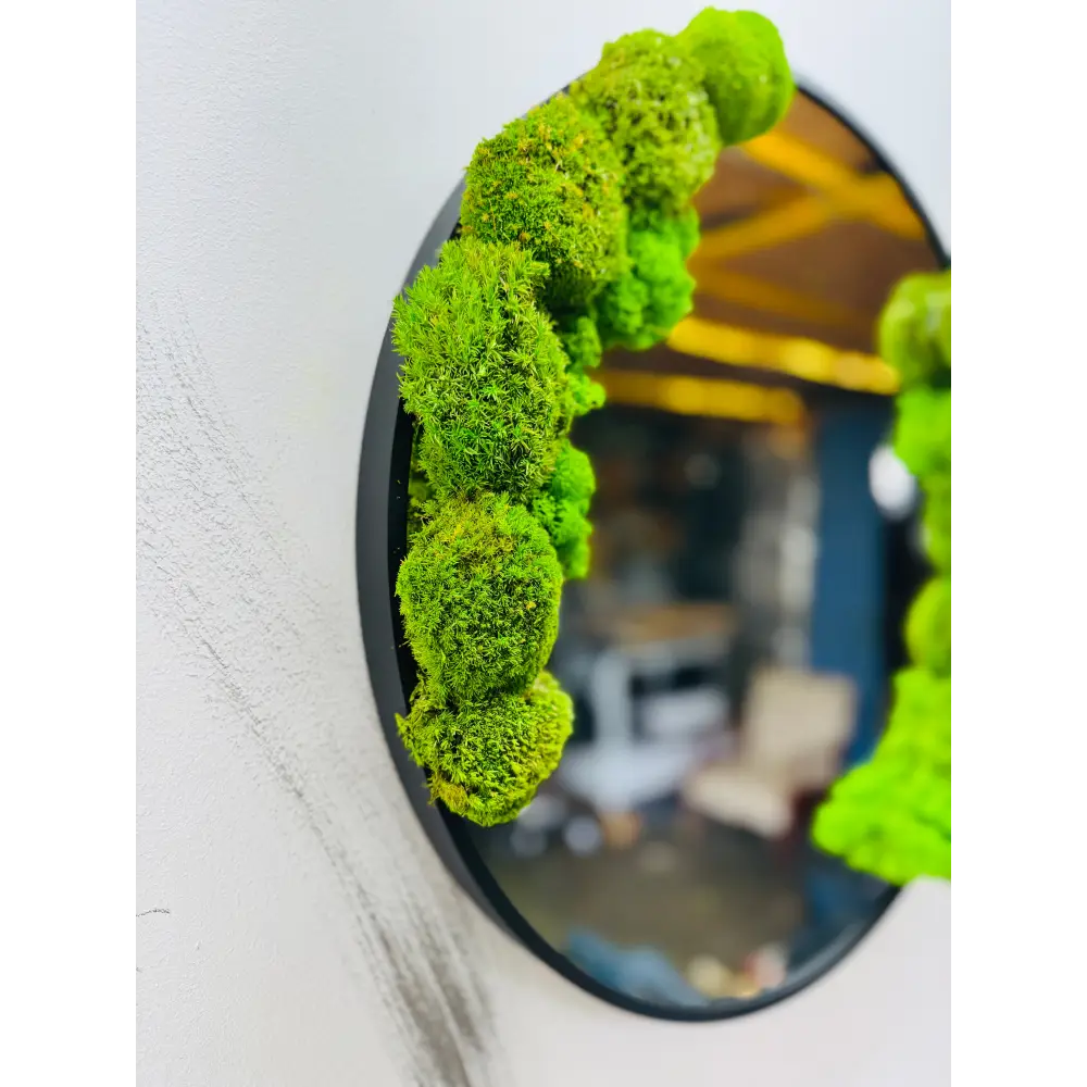 Oglindă rotundă cu ramă neagră și mușchi decorativi Ø 50 cm