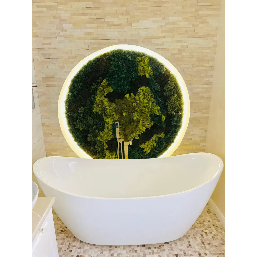 Panou decorativ circular din licheni in trei nuante cu iluminare led