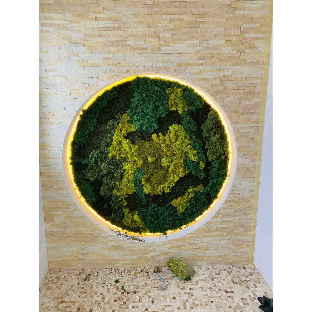 Panou decorativ circular din licheni in trei nuante cu iluminare led