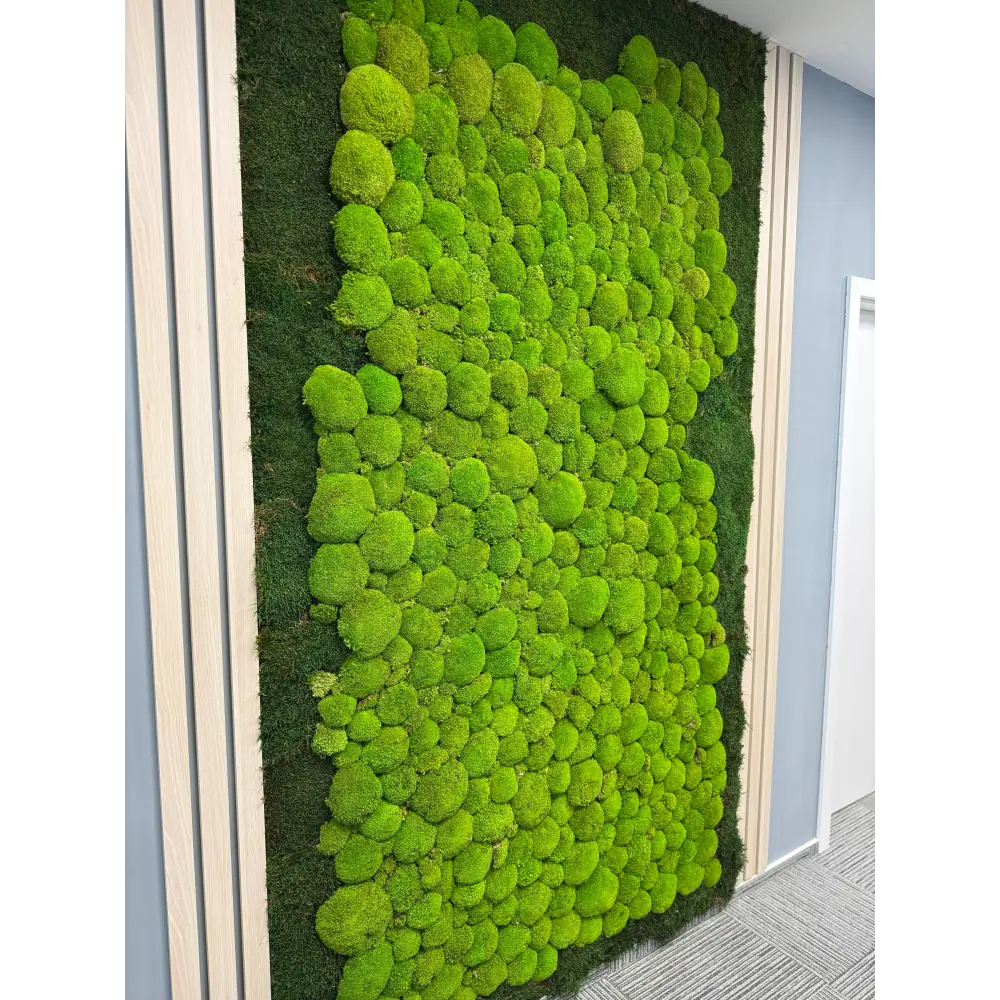 Panou decorativ cu mușchi bombat și riflaje din lemn – perete verde personalizat