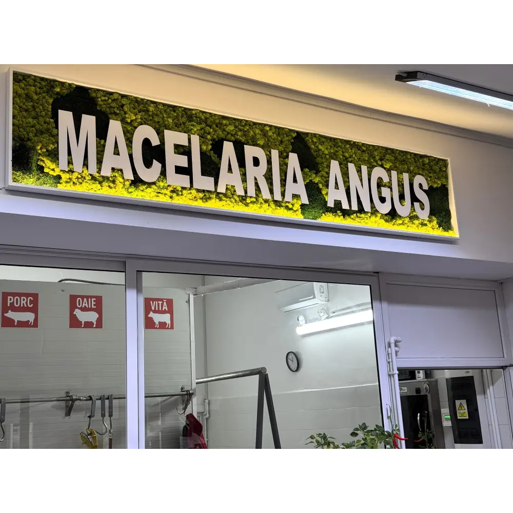 🌿 Panou decorativ personalizat cu licheni stabilizați – MACELARIA ANGUS 🌿