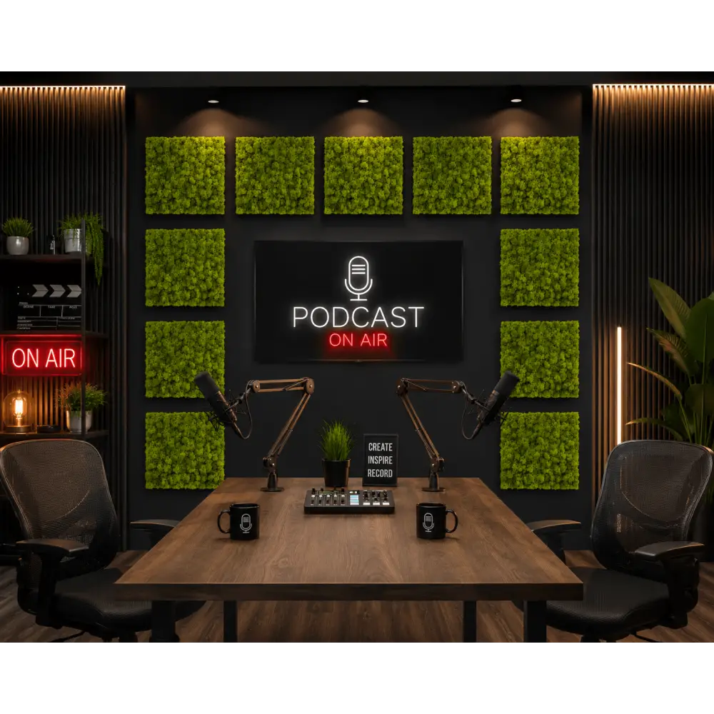 Panou fonoabsorbant cu licheni stabilizați 30x30 cm, ideal pentru podcast studios, birouri și setup-uri moderne. Reduce ecoul și oferă un design premium natural.