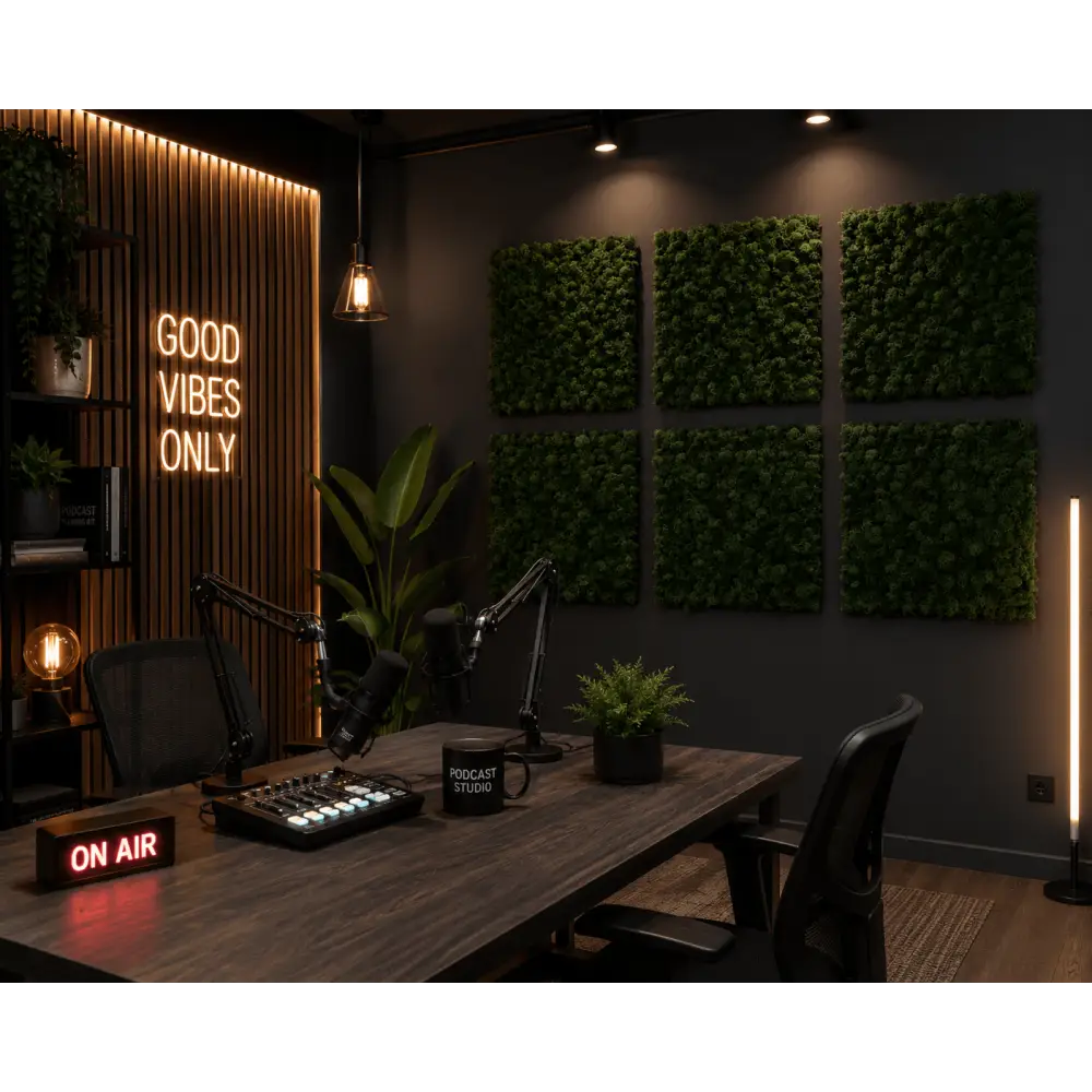 Panou fonoabsorbant cu licheni stabilizați verde padure 30x30 cm
Panou decorativ acustic cu licheni verzi pentru studio podcast