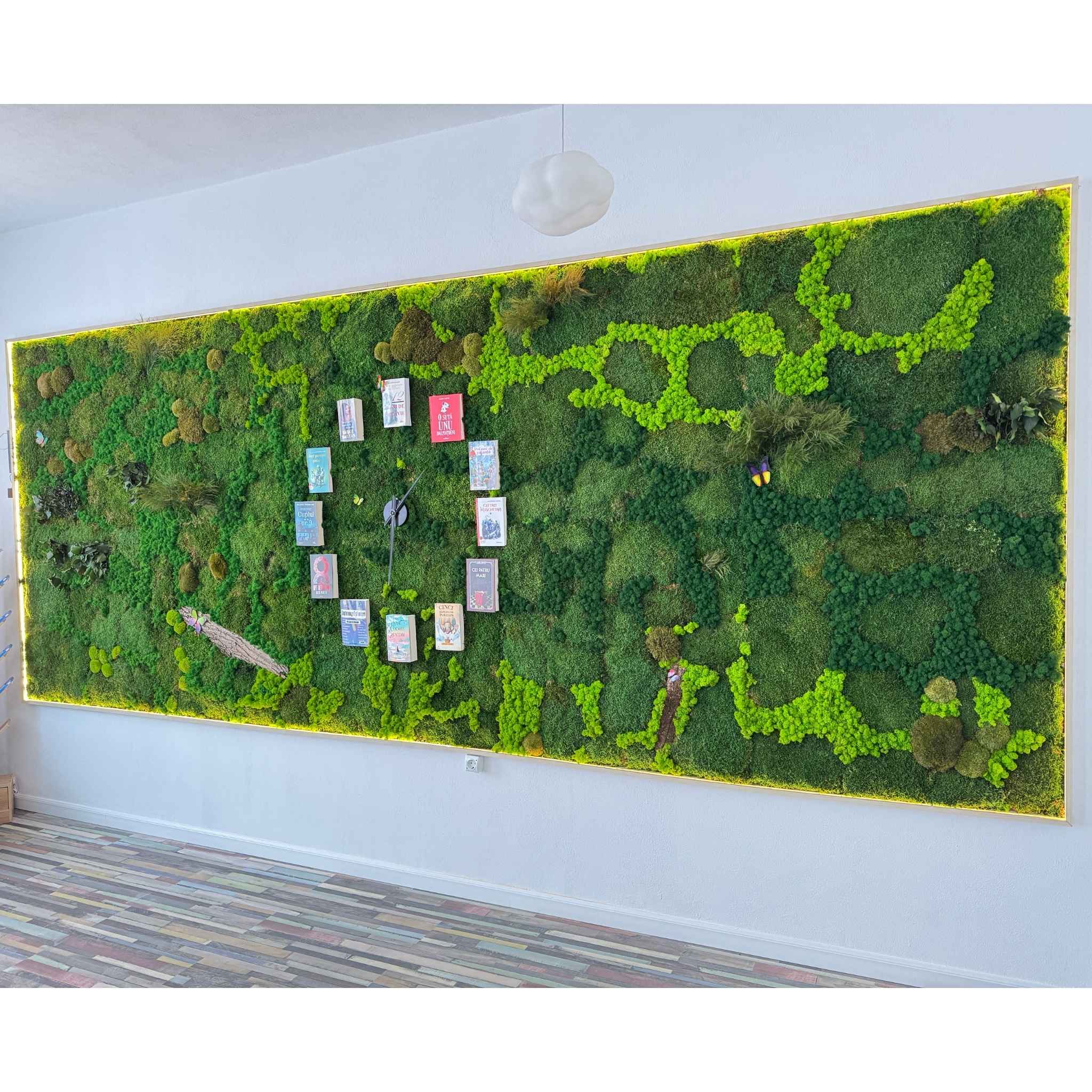 Perete verde din licheni si muschi stabilizați pentru spațiile educaționale moderne