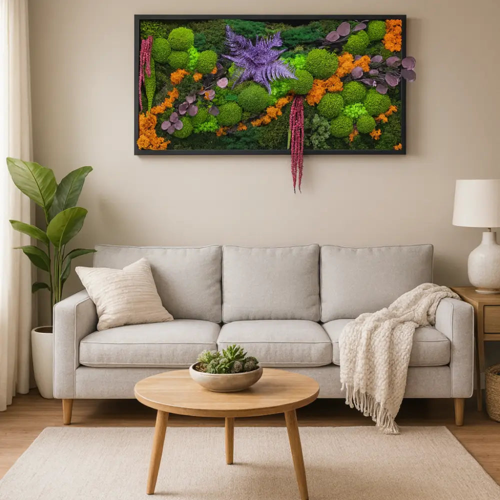 Tablou cu licheni și plante stabilizate 120×60 cm, ramă neagră, compoziție multicoloră cu verde, portocaliu și mov.