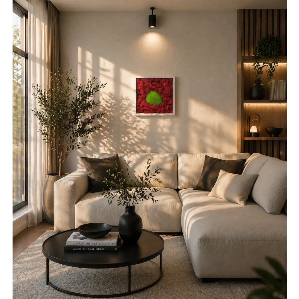 Tablou cu muschi plat si licheni fucsia ramă alb mat –30x30 cm