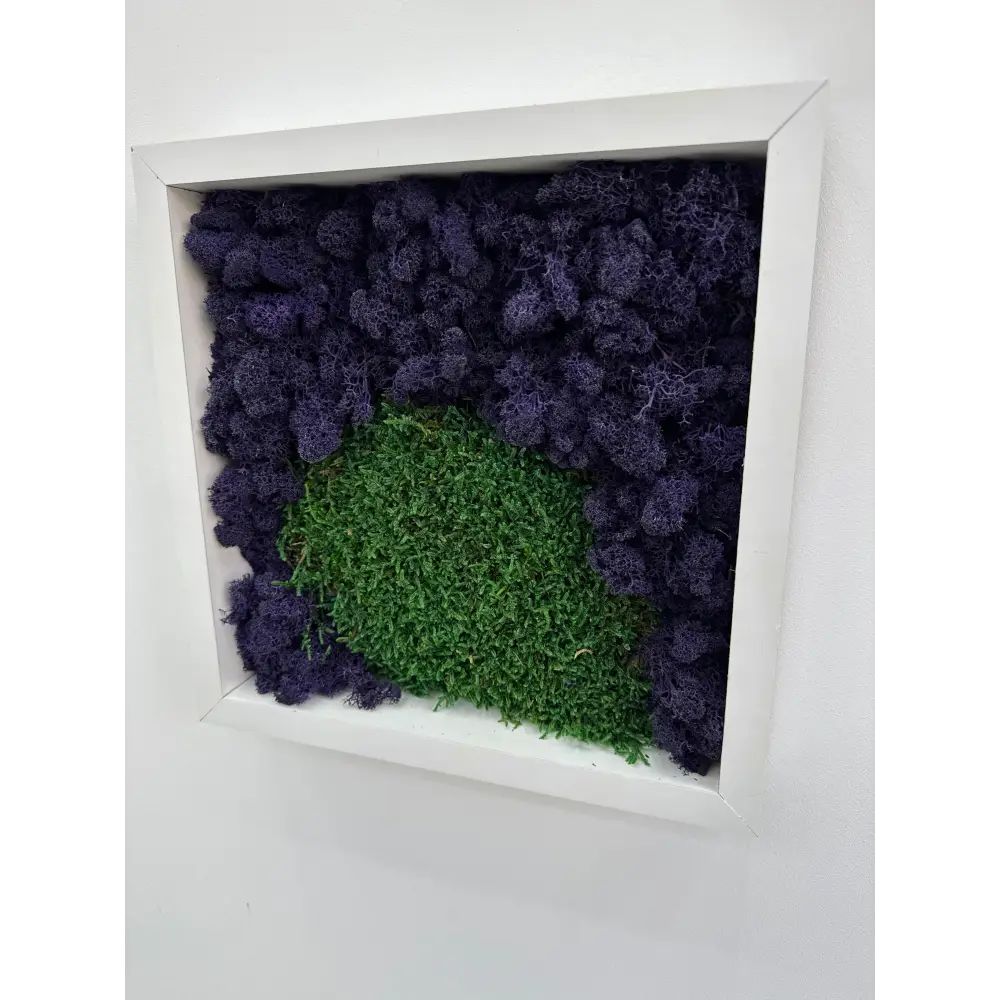 Tablou cu licheni stabilizati 30x30 cm in culori mov si verde, folosit ca accent decorativ intr-o bucatarie moderna