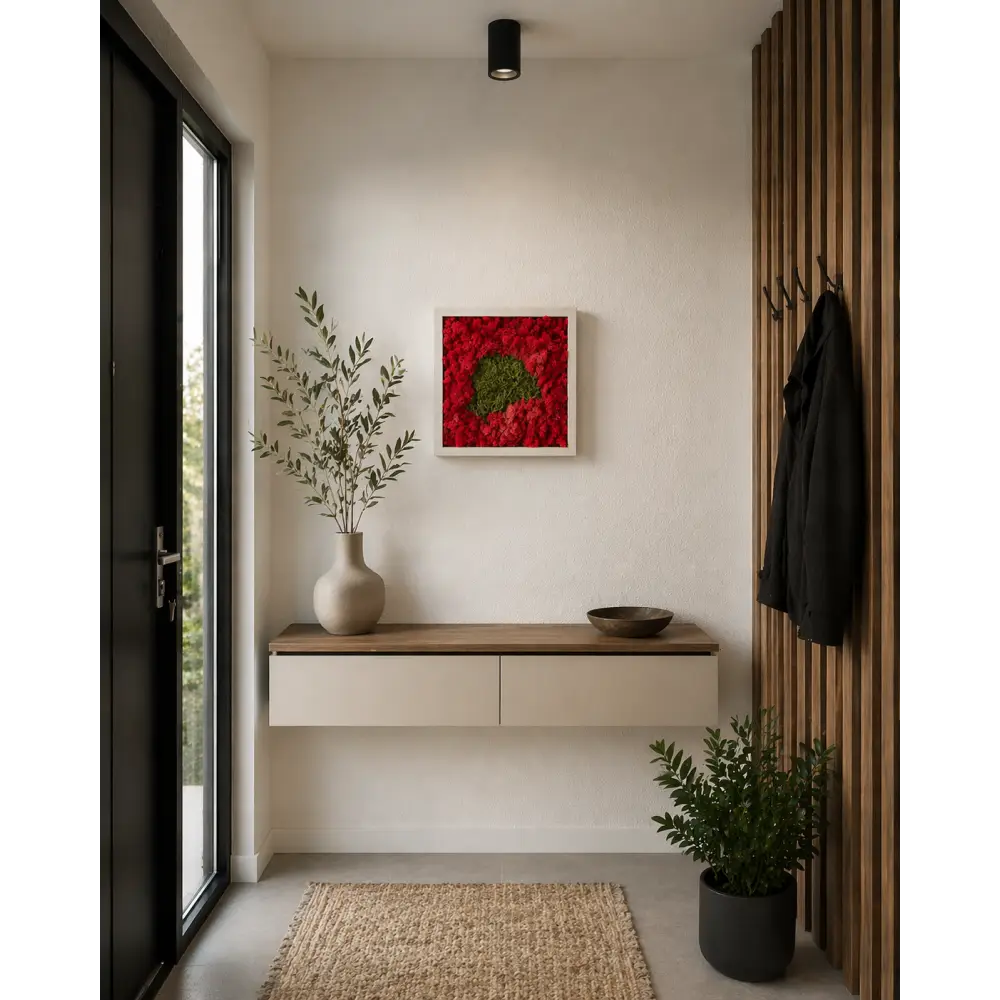 Tablou decorativ cu licheni stabilizați roșii și mușchi verde, format 30x30 cm, montat pe perete într-un hol modern la intrare