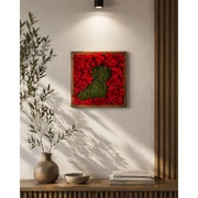 Tablou decorativ din licheni stabilizati rosii cu insert verde, montat pe perete intr-un living modern minimalist