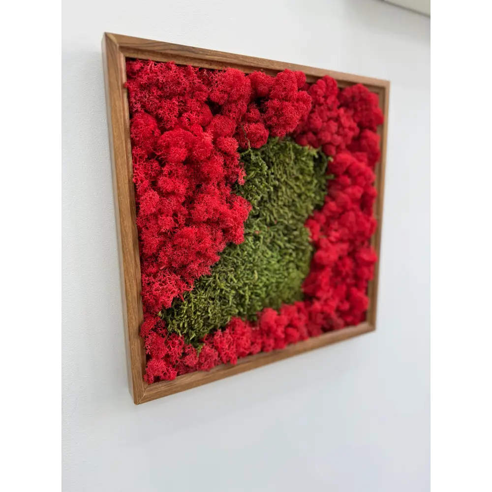 Tablou cu licheni stabilizati rosu intens si muschi verde, utilizat ca accent decorativ intr-un spatiu elegant