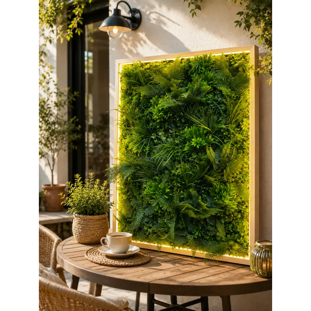 Tablou cu Plante Artificiale Premium 100×100 cm – LED Integrat Ramă din Lemn Natur