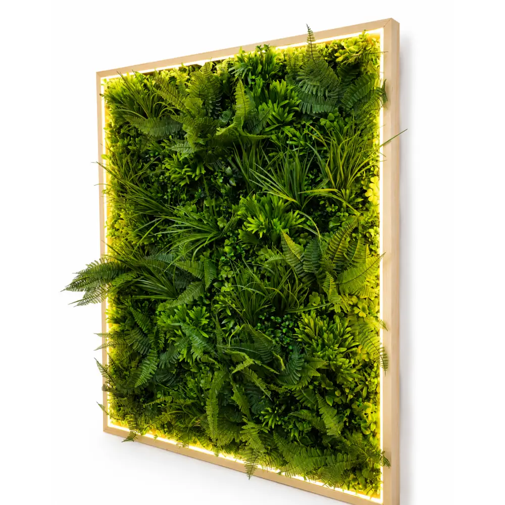 Tablou cu Plante Artificiale Premium 100×100 cm – LED Integrat Ramă din Lemn Natur