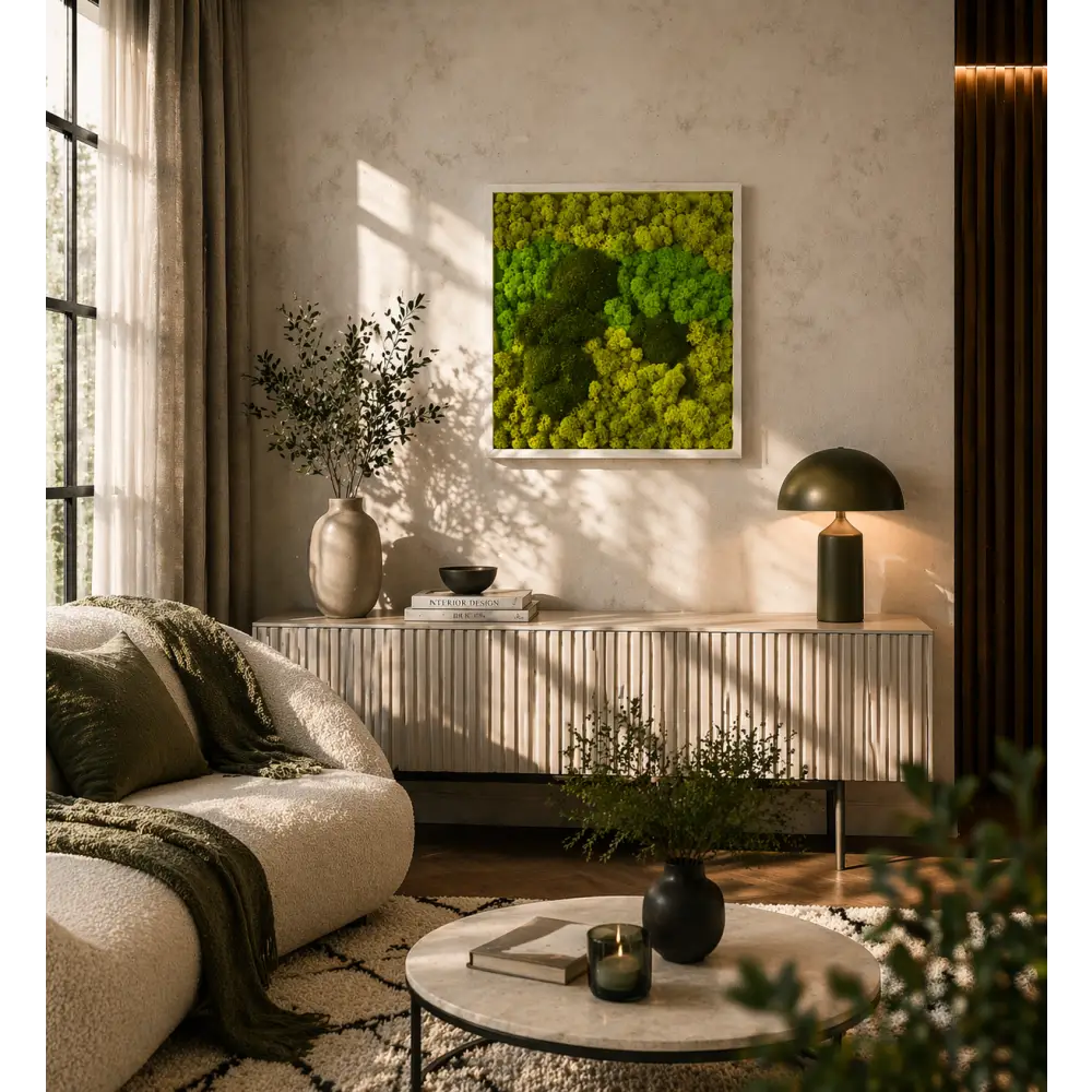 Tablou decorativ 50x50 cm cu licheni stabilizati in nuante de verde si galben, montat intr-un living modern cu accente naturale
