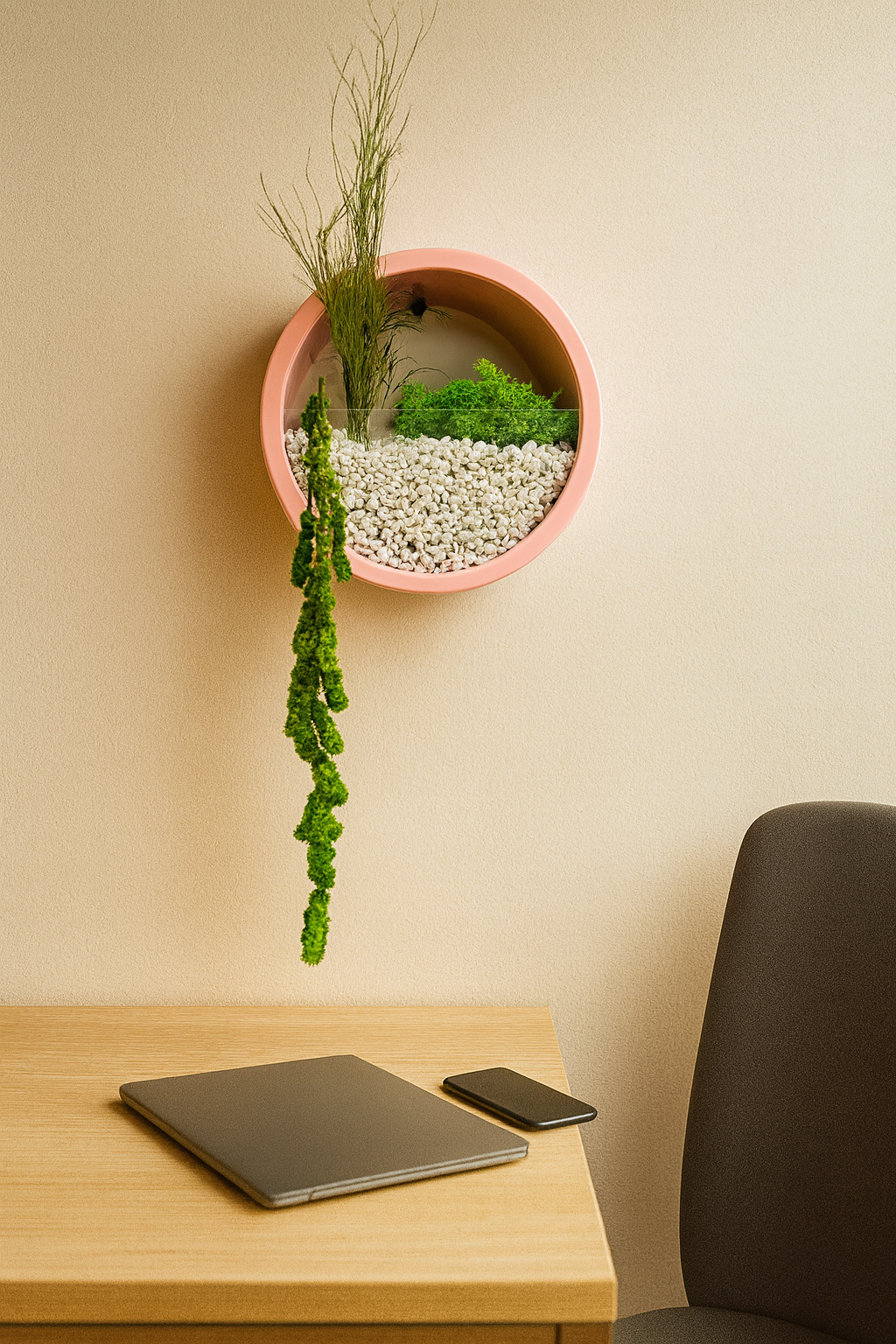 Tablou decorativ rotund de 18 cm cu licheni și plante stabilizate, fără apă și fără soare, ideal pentru casă sau birou